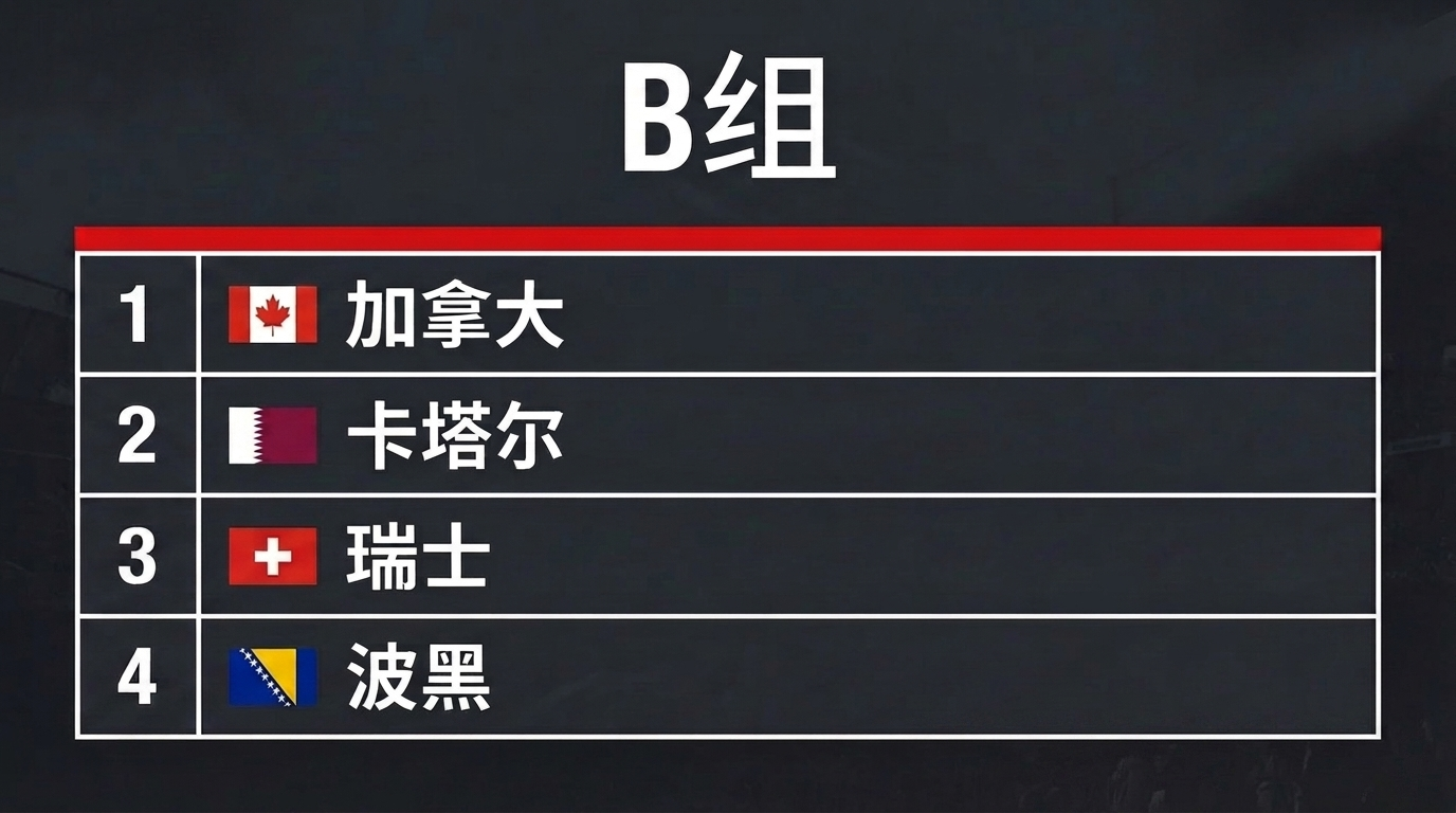 B组：加拿大、波黑、卡塔尔、瑞士