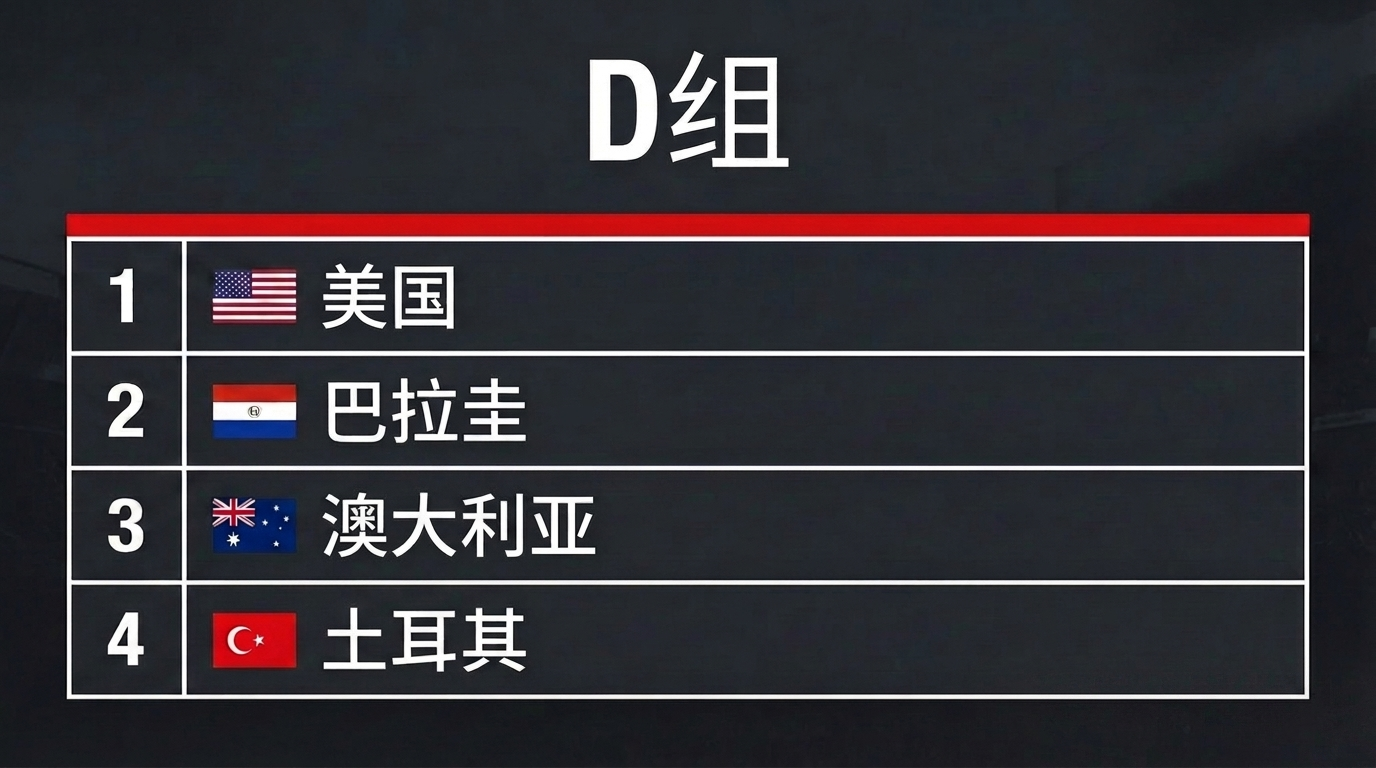 D组：美国、巴拉圭、澳大利亚、土耳其