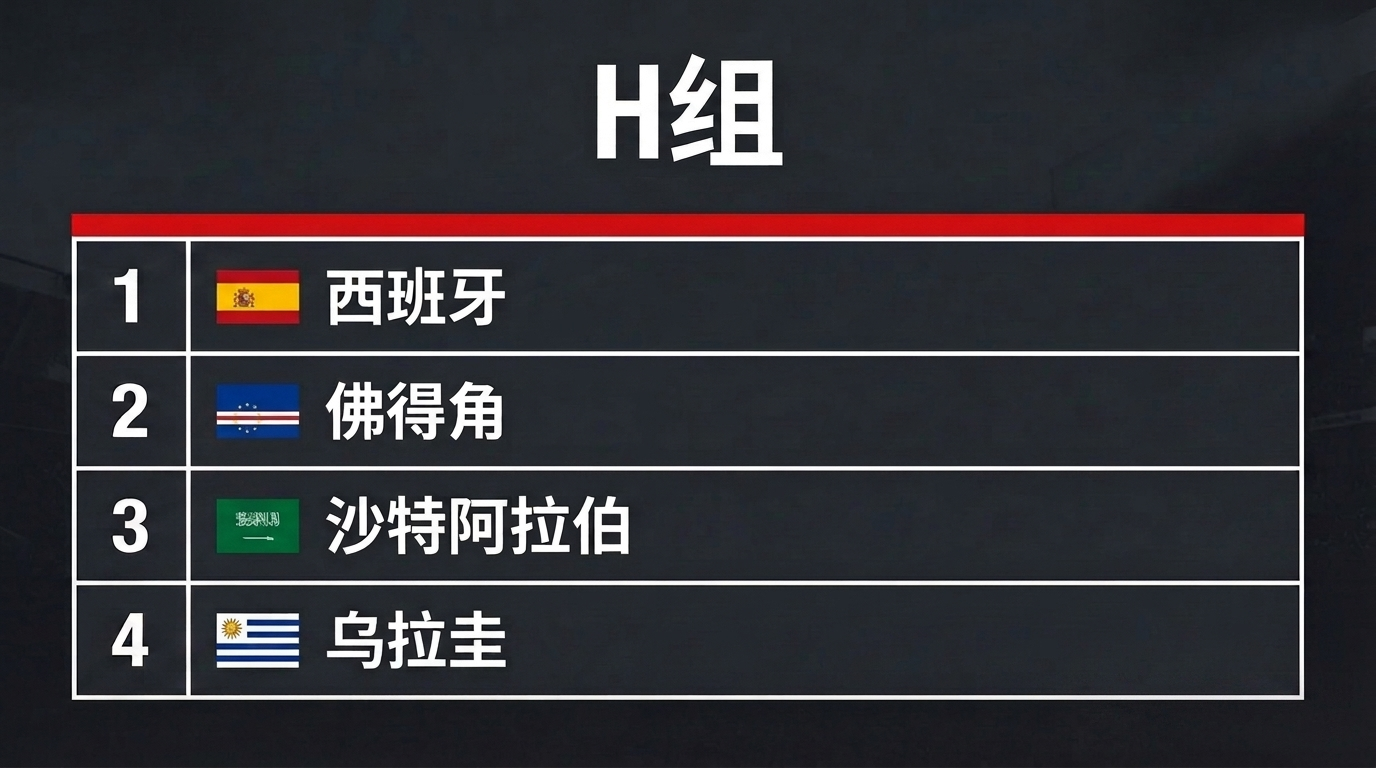 H组：西班牙、佛得角、沙特阿拉伯、乌拉圭